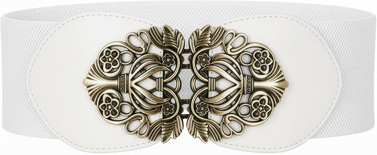 Tailleriem Dames Kunstleer Vintage | 7,5 cm Breed, Antieke Gesp, Bloemranken, Naadloze Sluiting, Rondom Elastisch, Maten S-XXL, Vormt Je Middel