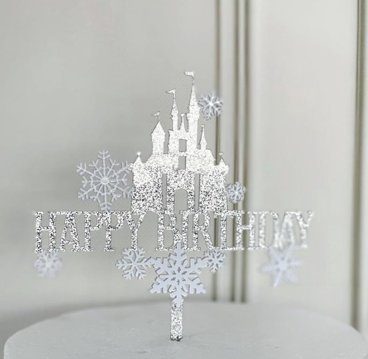 Glitter Cake Decorating Toppers - 1 stks Happy Birthday Kasteel Zilver Wit en 8 witte sneeuwvlokken A501