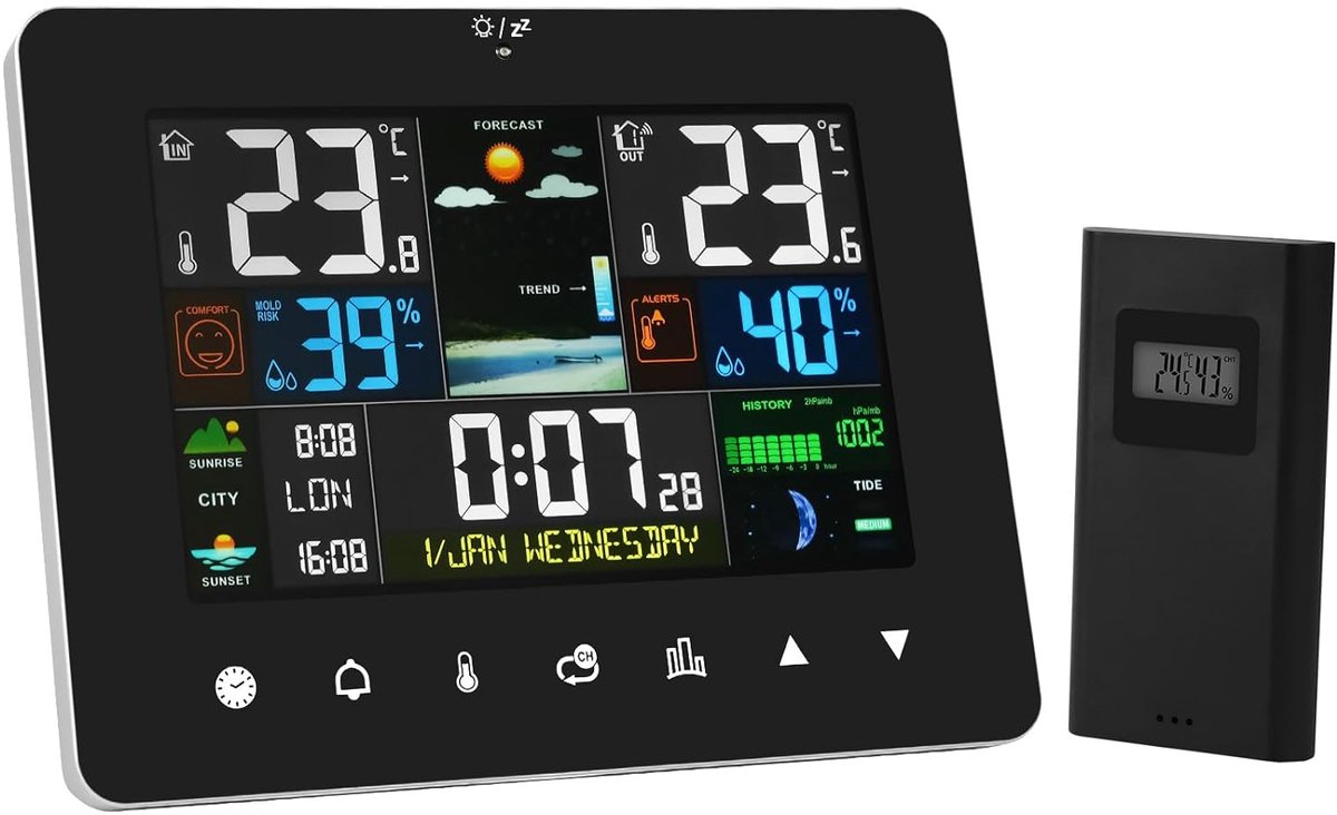 Draadloze Weerstation, Draadloos Touchscreen-LED Weerstation met Buitensensor, Vochtigheidsmonitor Binnen met weersvoorspelling/tijd/dubbel alarm/snooze/waarschuwing/barometrisch/maanfase