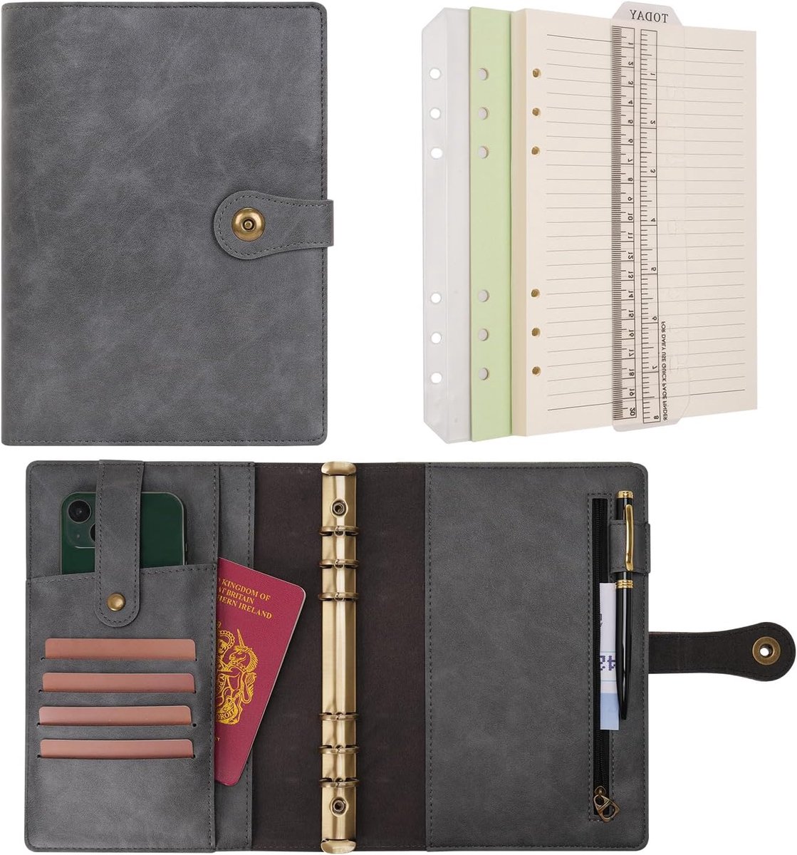 Ringband Reisdagboek Journal Notitieboek Gelinieerd Papier Hervulbaar Lederen Budget Ringband Organizer met Pen voor Kantoor School Zakelijke Planning Schrijven(Grijs, A5)