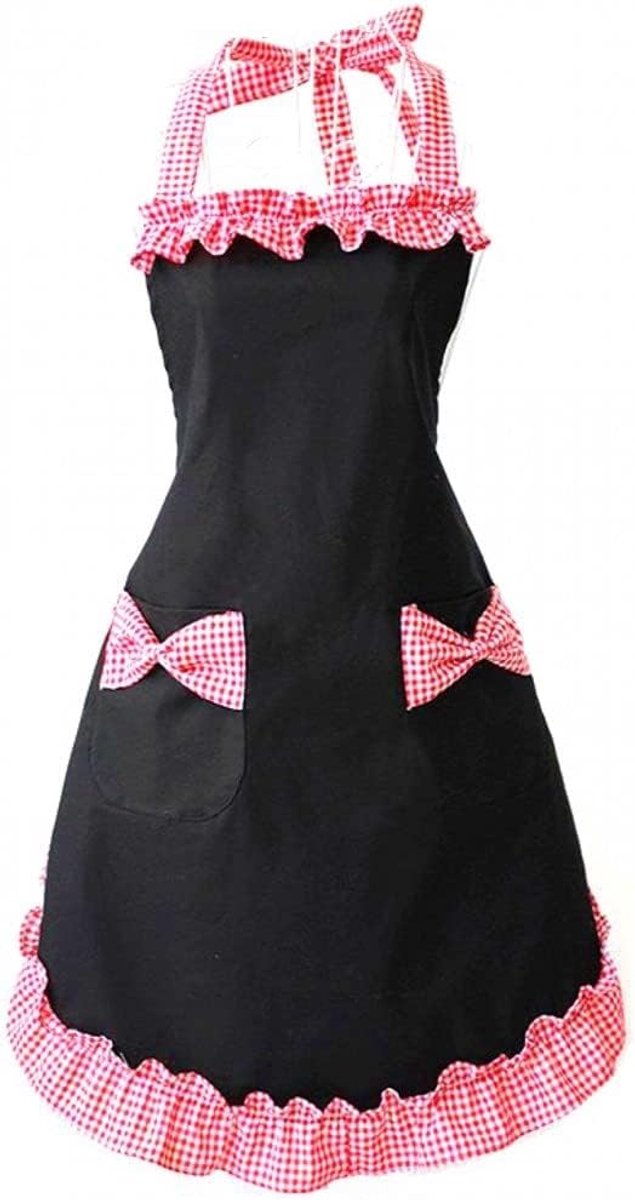 Kookschort voor vrouwen met zakken - Zwart met rode strik - Geruit accent - Perfect voor koken en bakken - SnelShoppen