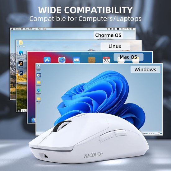 NJ07 SUPERLIGHT Draadloze Computermuis, BT/2,4 GHz/USB-C, 67g Lichtgewicht, 12800 DPI, 300 mAh Batterij, 1K Polling Rate, Gestroomlijnd Ergonomisch, Draadloze Stille Gaming voor PC/Mac - Wit — afbeelding 2