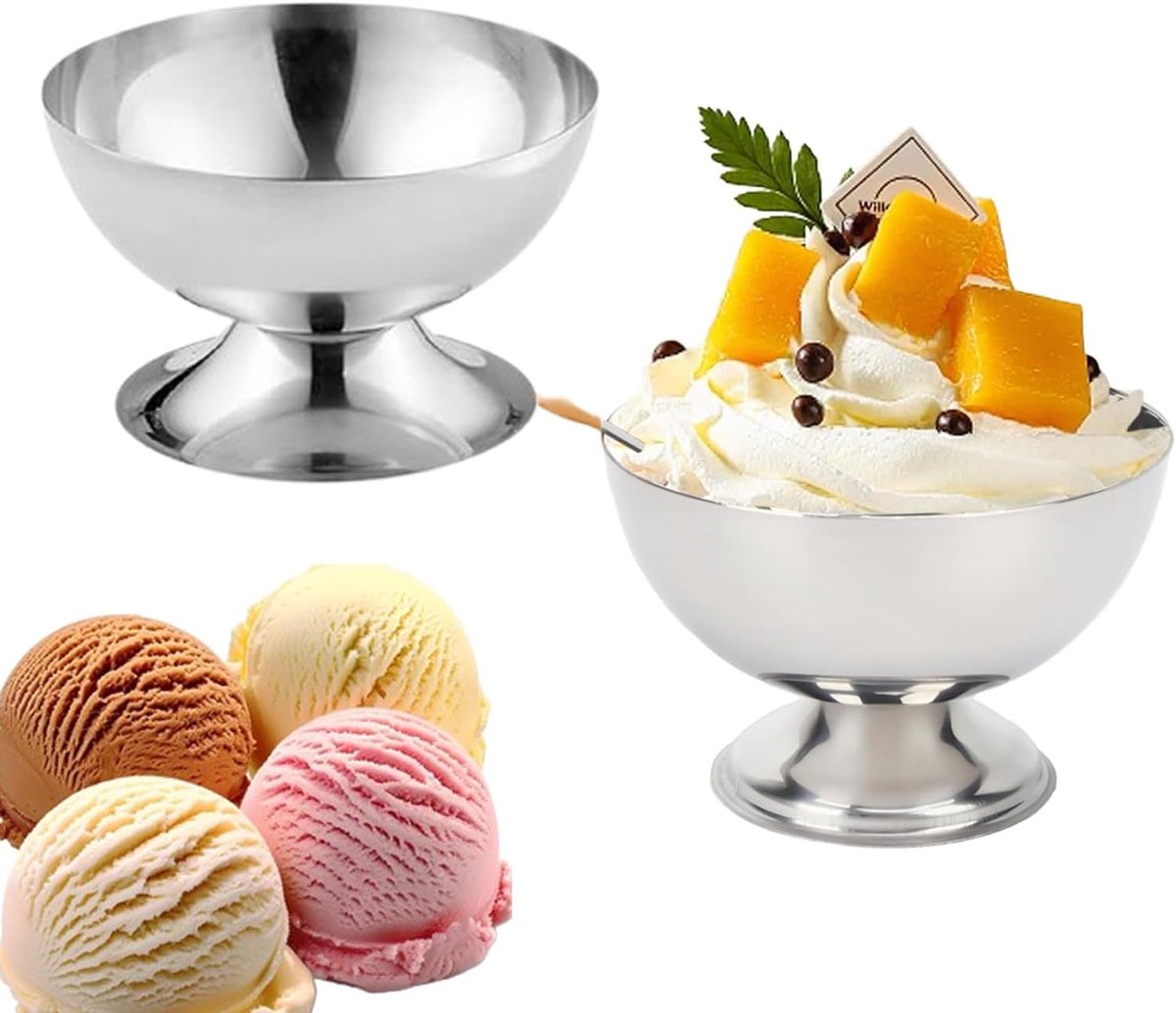 2 herbruikbare dessertbekers van roestvrij staal, ijsbekers van staal, ijsbekers, roestvrijstalen ijsschalen voor ijs en yoghurt, 2 stuks