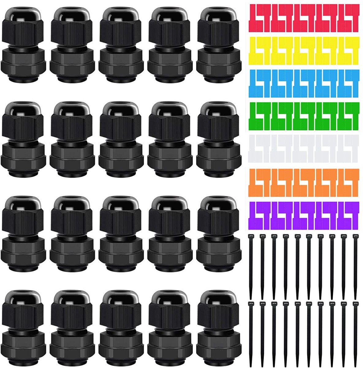 20PCS PG9 nylon waterdichte kabelwartel IP68 verstelbare 4-8mm plastic kabelwartel M16 afdichting draadconnector met 5PCS kabellabels, 20PCS draadbinders
