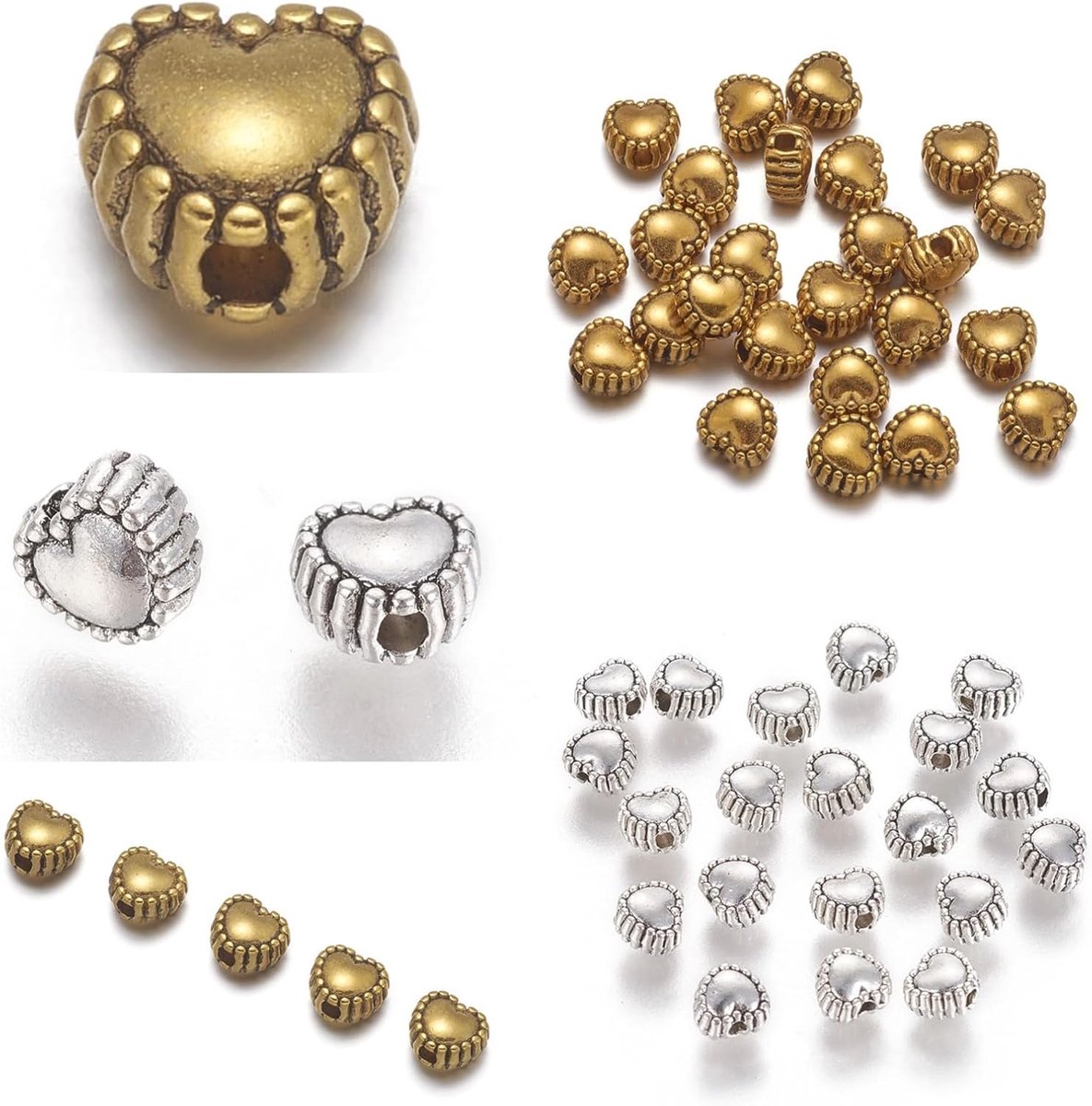 Kralen, tussenkralen, spacer, 6 mm, hartkralen met gat, zilvergoud, sieradenaccessoires voor kralen, bedels, armbanden, hangers, knutselkralen om te rijgen