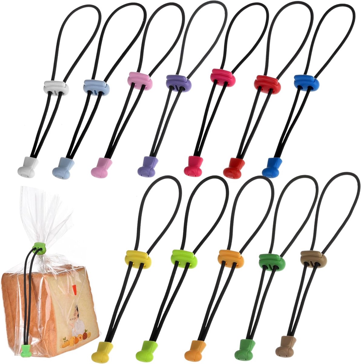 12 stuks universele lussen kunststof zakclip met verstelbare gesp en touw, sluitclip voor het sluiten van de boodschappentas, bevestiging van de hengel (20 cm)