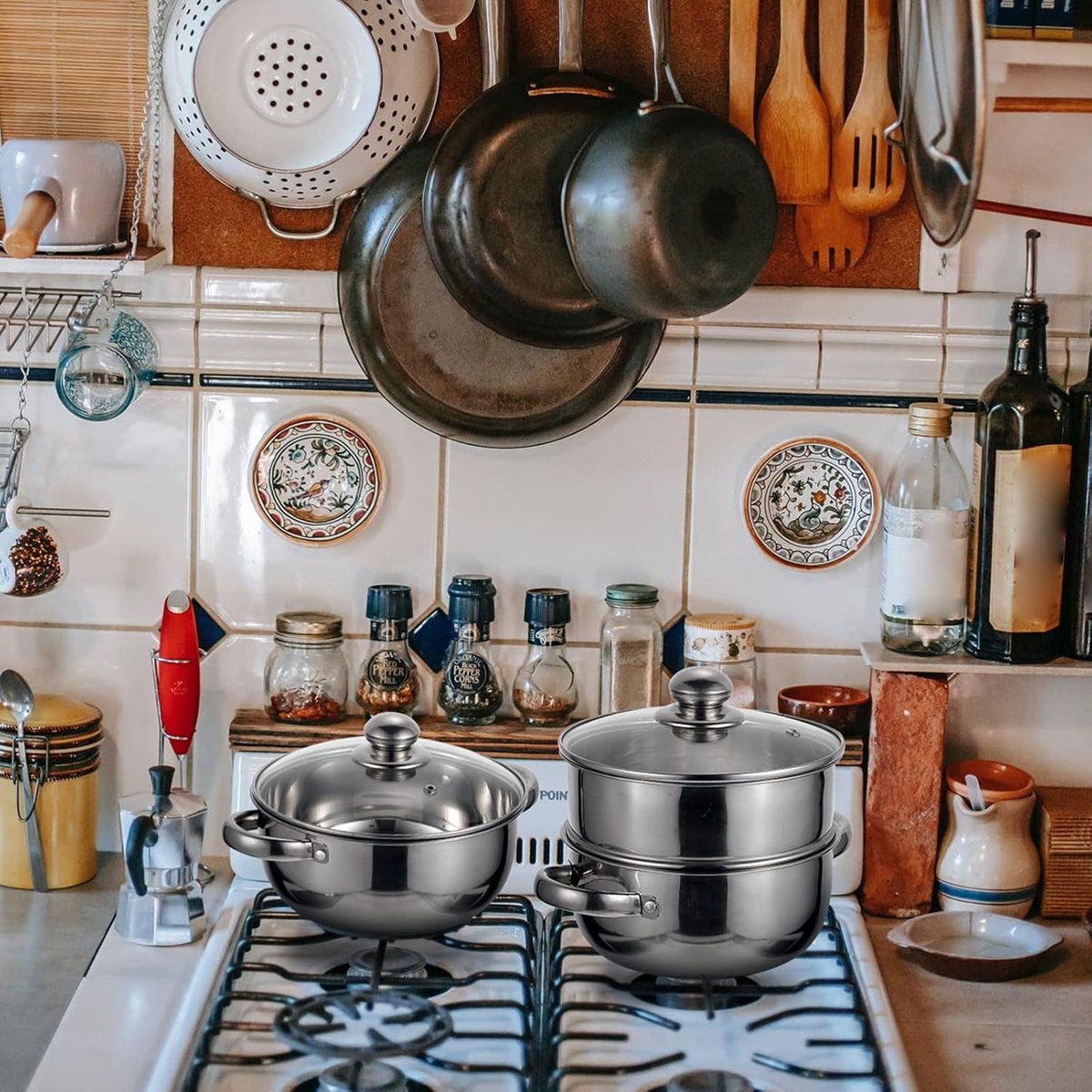 Stoomkoker, stapelbaar, stoomkookpan, soeppan met glazen deksel, 2 containers, roestvrij staal, stoompan, aardappelstomer, diameter 20 cm