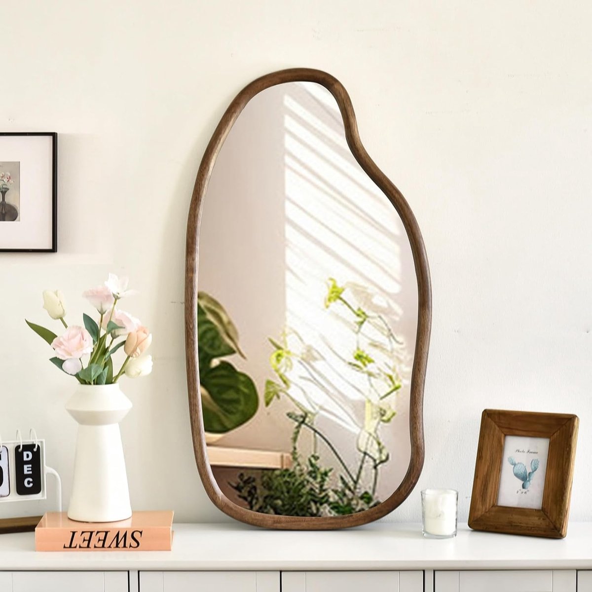 spiegels, 90 x 49 cm, onregelmatige wandspiegel, spiegel in volledige lengte met houten frame, wolkvormige spiegels, decoratie voor woonkamer, kamer, hal
