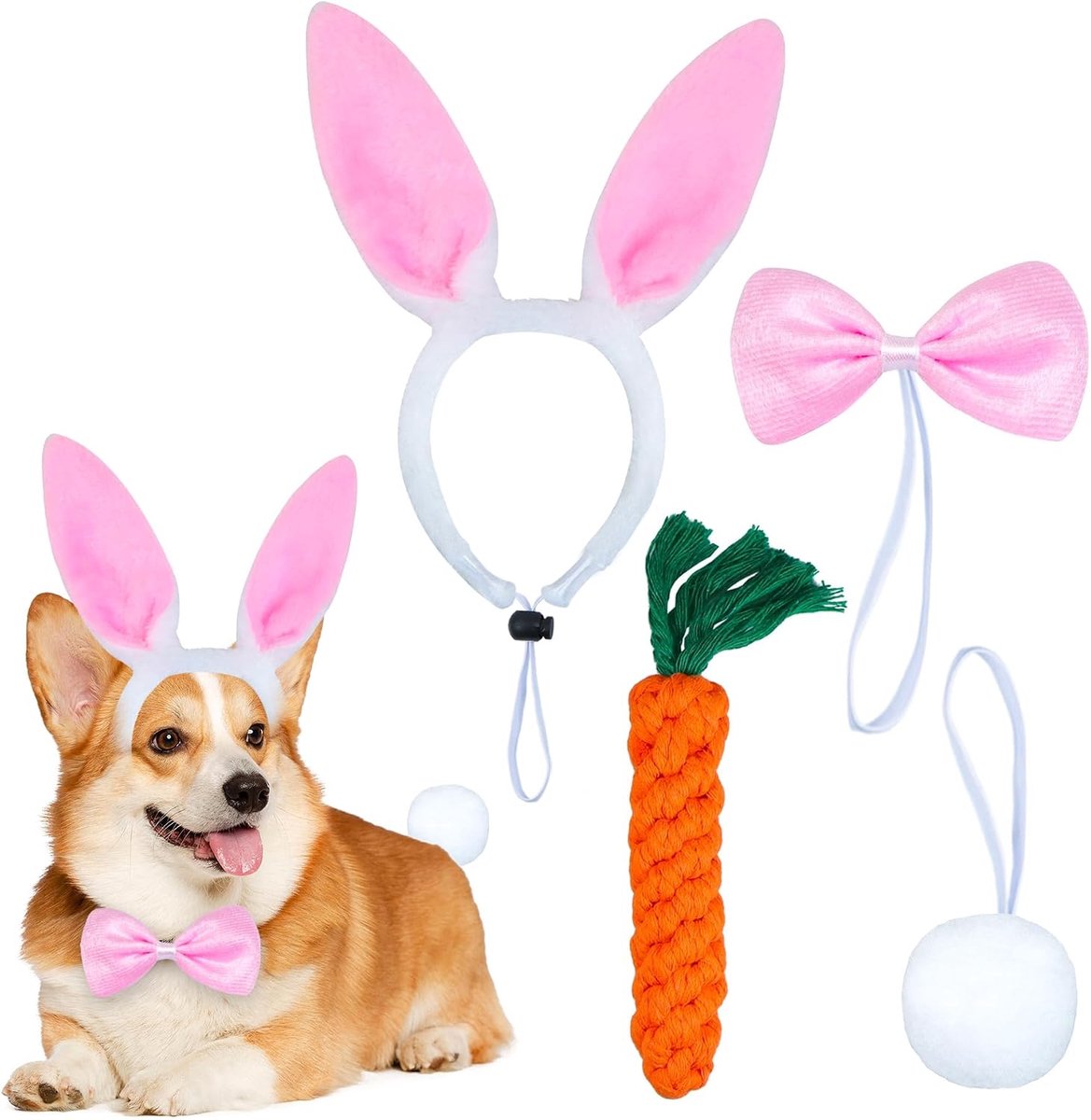 Pasen hazenoren haarband, 4 stuks hazenoren hoofdband met vlinderdas, staart, wortel, verstelbare hoofdtooi haarband, hondenkleding accessoires, hondenkostuum voor carnaval cosplay (roze)