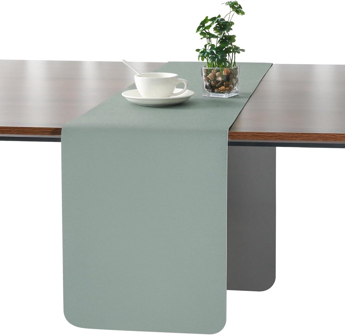 JUN Moderne Afwasbare Dubbelzijdige Leren Tafelloper Waterdicht | Antislip Tafelloper voor Binnen en Buiten Tafeldecoratie voor Eettafel Feest en Restaurant(Grijs Saliegroen 30 X 140 cm)