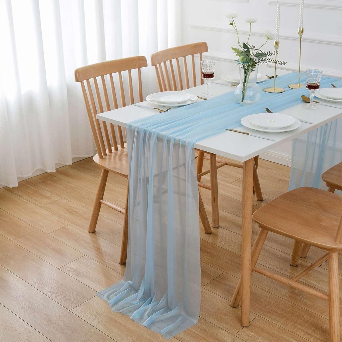 Tafelloper, blauw 75 x 400 cm, chiffon, tule decoratieve stof, bruiloft lichtblauw, doop, 4 m