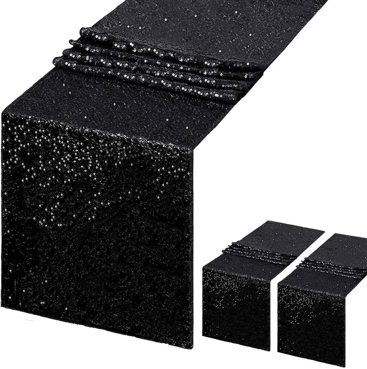 Tafelloper, zwart, 2 stuks, 35 x 200 cm, pailletten, glanzend, tafelloper voor feesten, bruiloften, verjaardagen, Kerstmis, decoratie