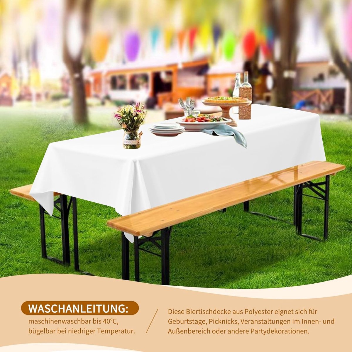 Tafelkleden, witte biertafelkleden, 260 x 110 cm, biertentdeken, duurzaam polyester tafelkleed, wasbaar tafelkleed voor tuinfeest, verjaardagsfeest of barbecuefeest (wit)