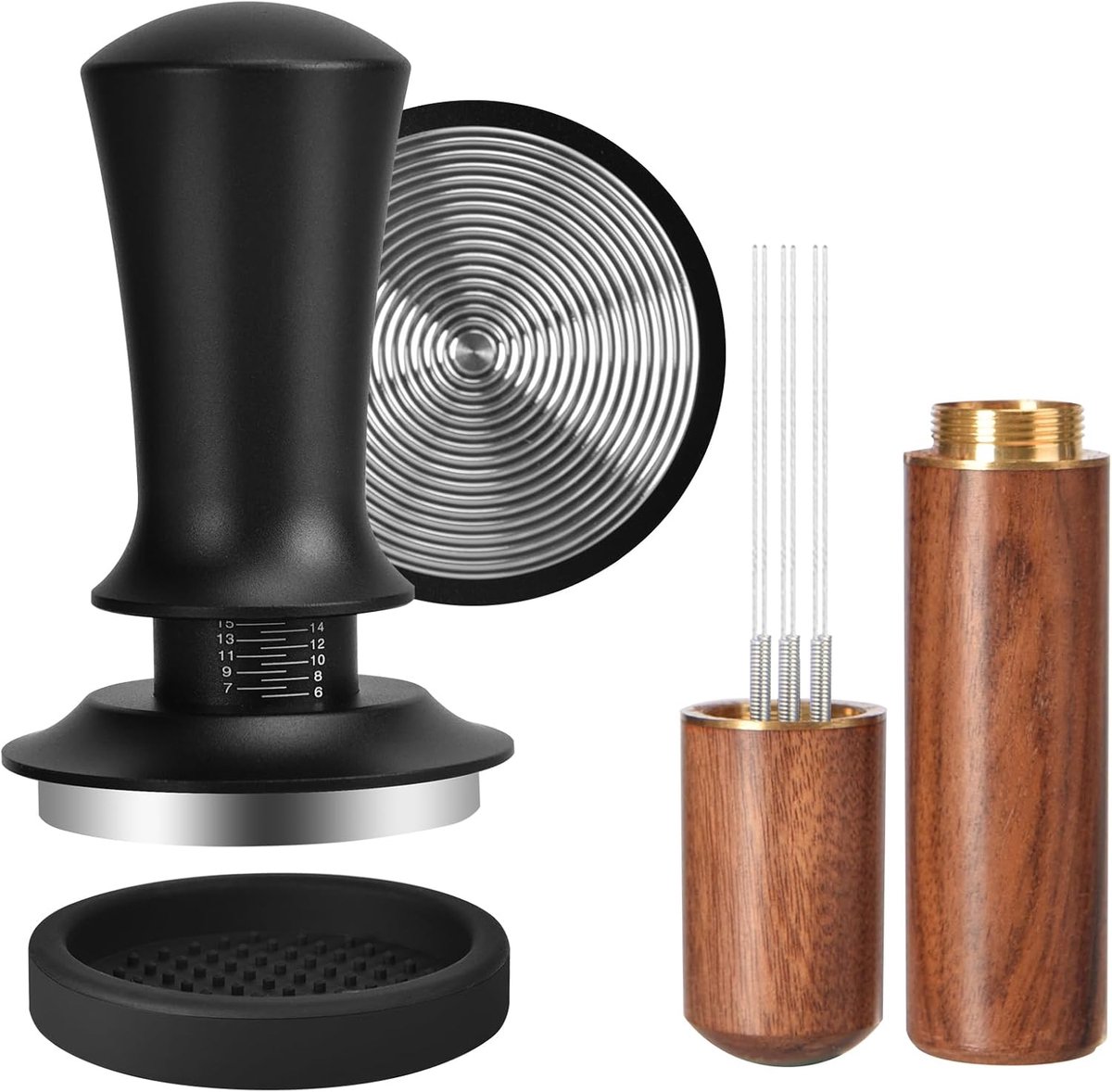 Tamper 51 mm set, koffie tamper roestvrij stalen basis met 6 fijne espresso | Espresso koffie tamper 51 mm met tampermat gereedschap, schaalinstelling, houten handvat en ronde siliconen met tamper 51 mm