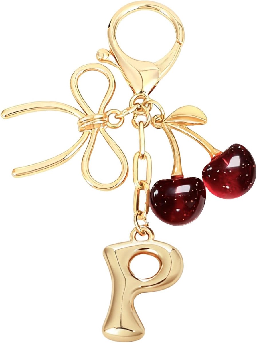 Initial Een Sleutelhanger met Boog & Kersen - Gouden Letter Bag Charms voor Vrouwen, Leuke Portemonnee Handtas Accessoires