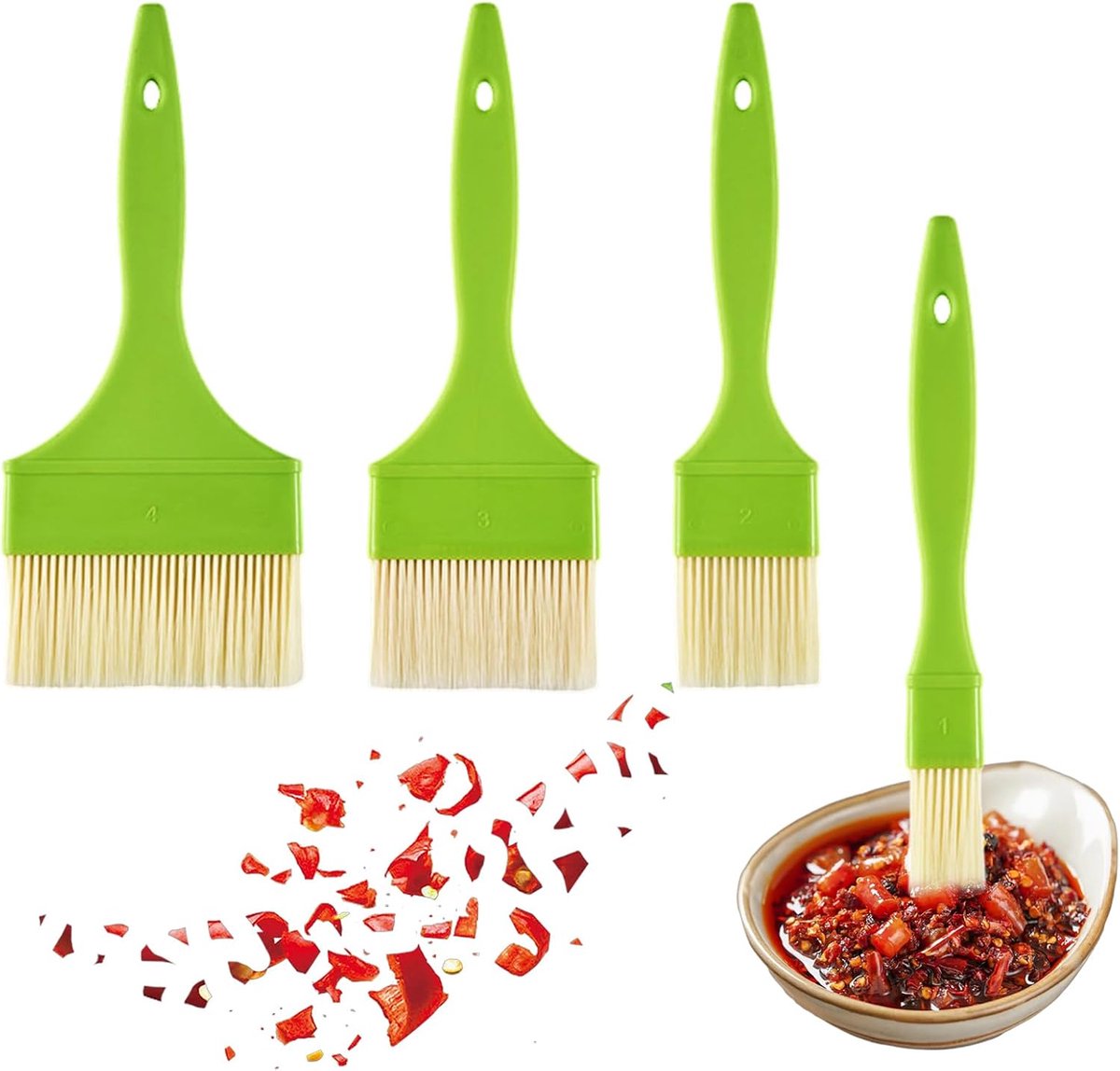 4 stuks kookborstels, groene keukenkwasten, 4 maten grillkwasten, broodkwasten, bakborstelset met zelfklevende haak voor boter, marinades, bakssauzen