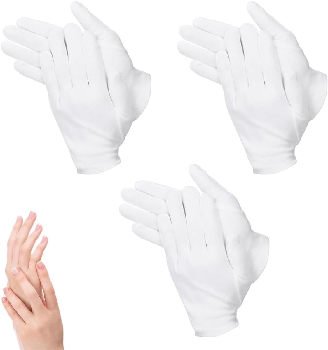 3 paar handschoenen van 100% katoen voor cosmetica en hydraterende crèmes, ideaal voor droge handen en eczeem, voor schoonheidscrèmes, voor het omgaan met munten, zilveren sieraden (wit)