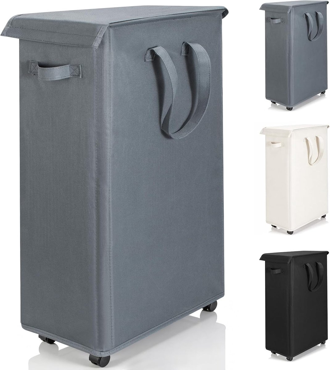 wasmand met deksel en wielen 55L - Opvouwbare dunne wasmachine oxford doek opbergmand met lange handgreep, geschikt voor slaapkamer, badkamer, wasruimte (Grijs)
