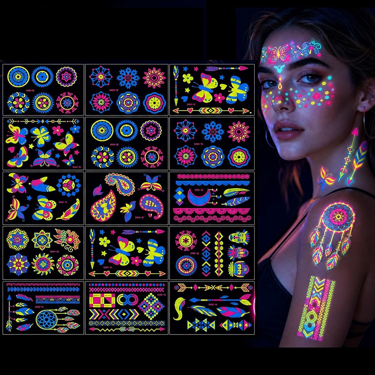 Tijdelijke tatoeageset Glow in the Dark lichtgevende Ontwerpen the Neon Tattoos Flash UV Neon Fake Waterproof Tattoo Stickers Rave Festival