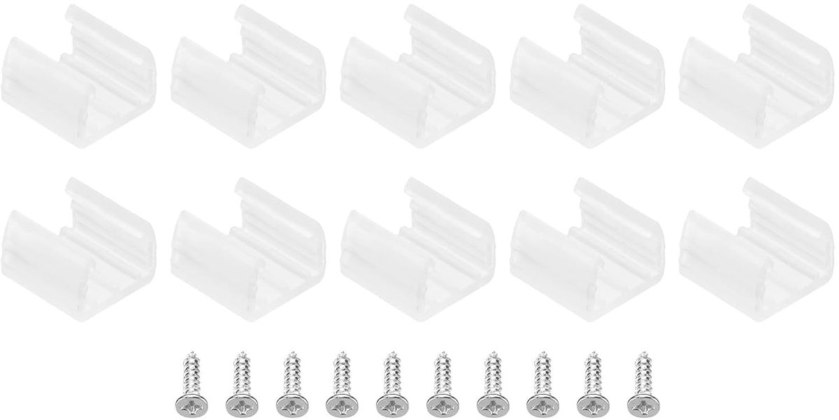 Bevestigingsclips voor led-lichtstrip, 100 stuks, kunststof bevestigingsbeugels met schroeven, voor kabel, glanzend, neonband, RGB, 10 mm - 12 mm, transparant