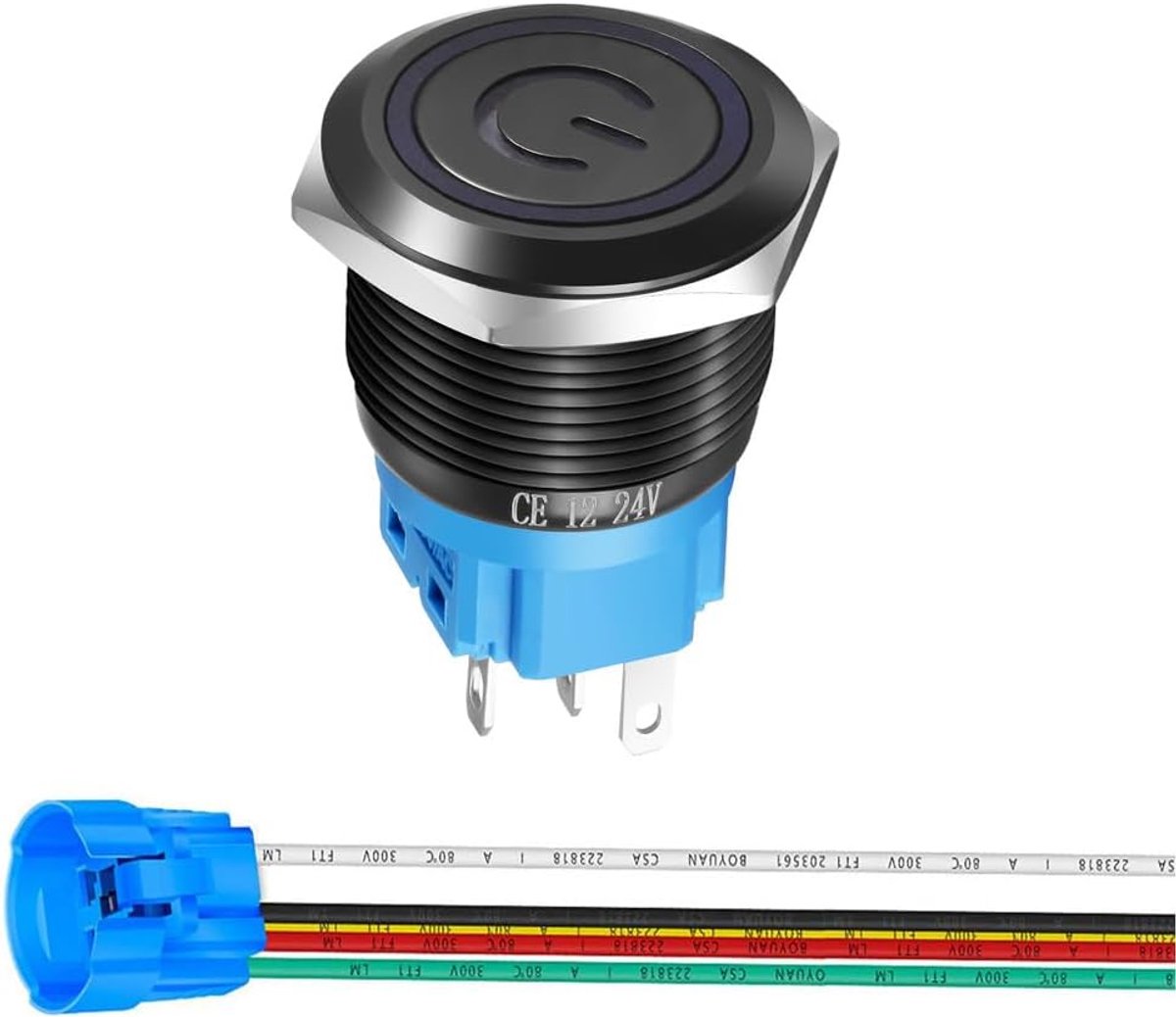 19mm Roestvrijstalen Vergrendelbare Drukknopschakelaar 12V-24V/5A Power Symbol LED 1NO1NC SPDT ON Off Waterdichte Tuimelschakelaar met Draadstekker (blauwe LED/zwarte schaal)