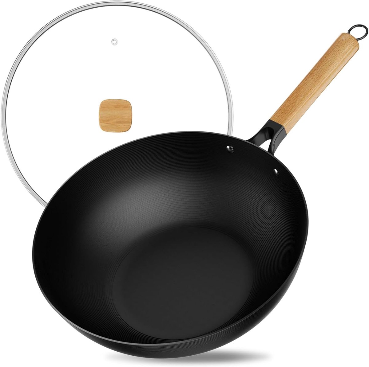 30 cm wok met antiaanbaklaag en deksel, wokpan voor inductie zonder chemische coating en grote inhoud voor 3-5 personen, vlakke bodem, geschikt voor inductie-, elektrische en gasfornuizen