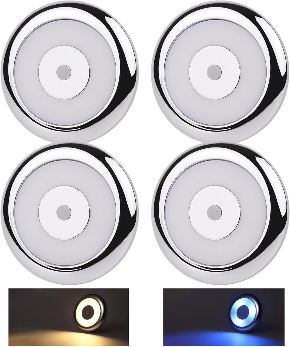 acegoo 12V LED Plafondlamp Camper Van Boot Dome Licht met Drukschakelaar & Blauw Nachtlampje, PC-materiaal Puck Licht 235lm Zwart Kleur Dimbaar Chroom(4 Pack/3000K)