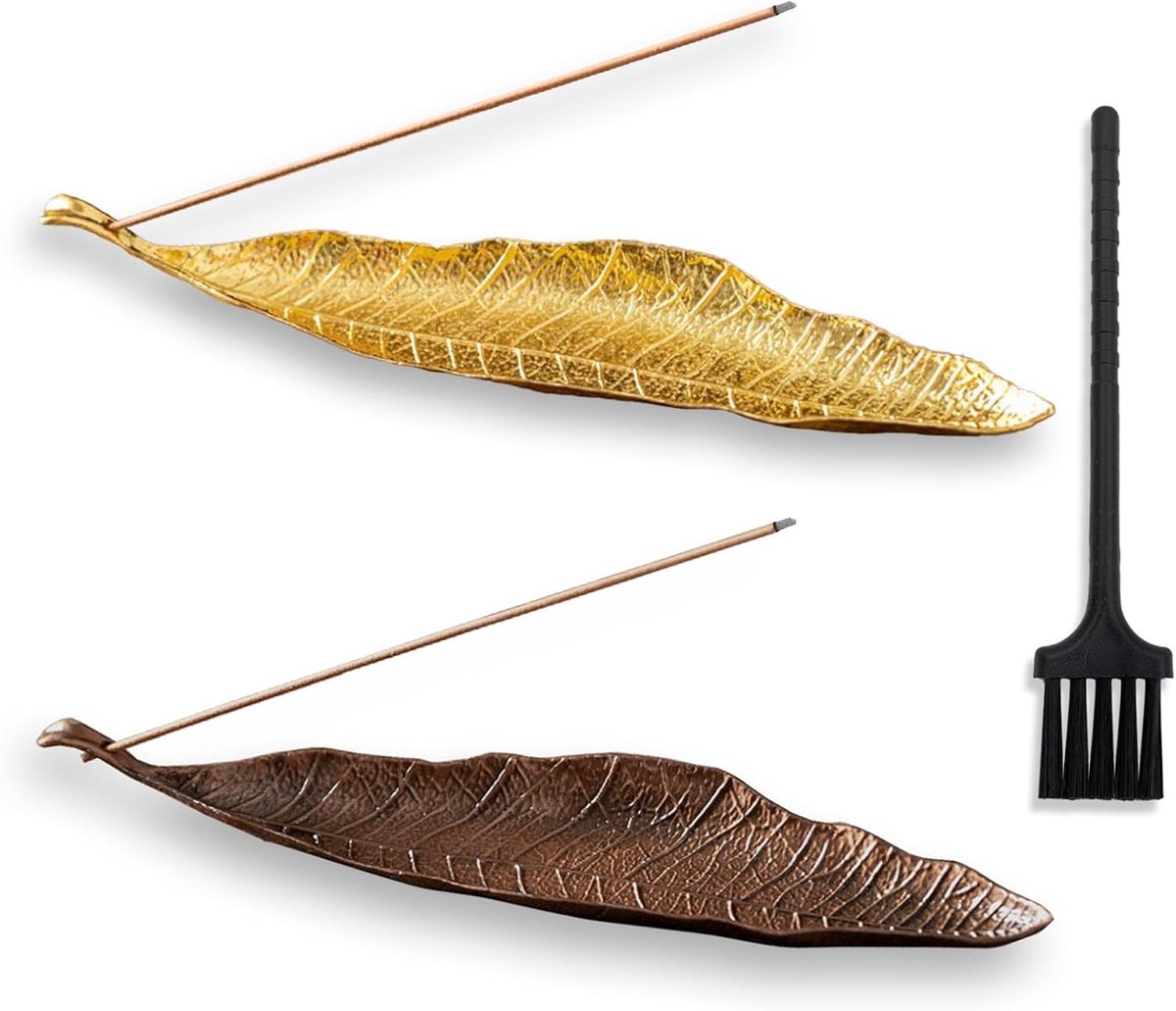Wierookbrander set van 3 - met bladmotief - koper en goud - creëer een zen sfeer - ShopVlot