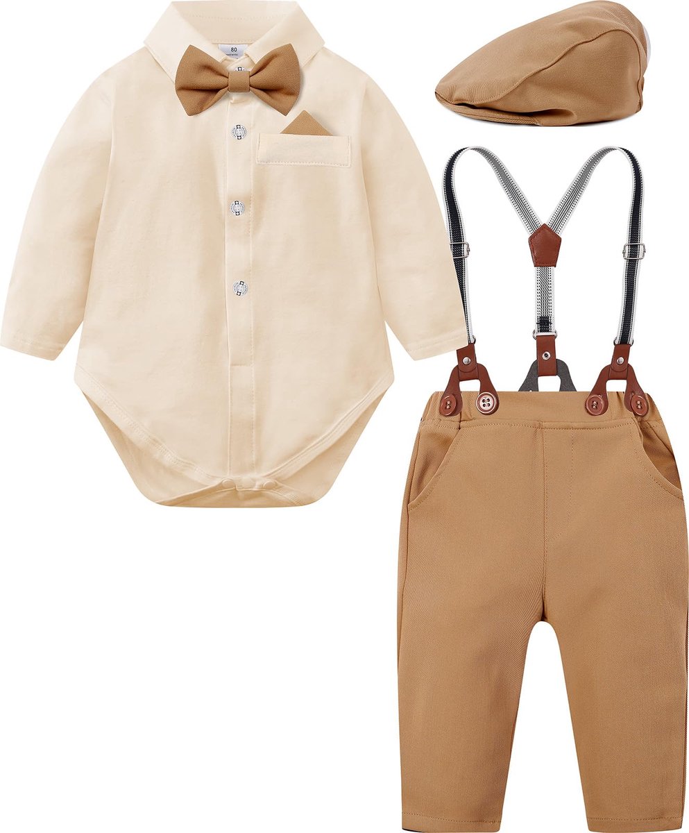 Babyjongens Pak 3-delig - Kaki - Gentleman Outfit met Hoed - Perfect voor Bruiloften - ShopVlot