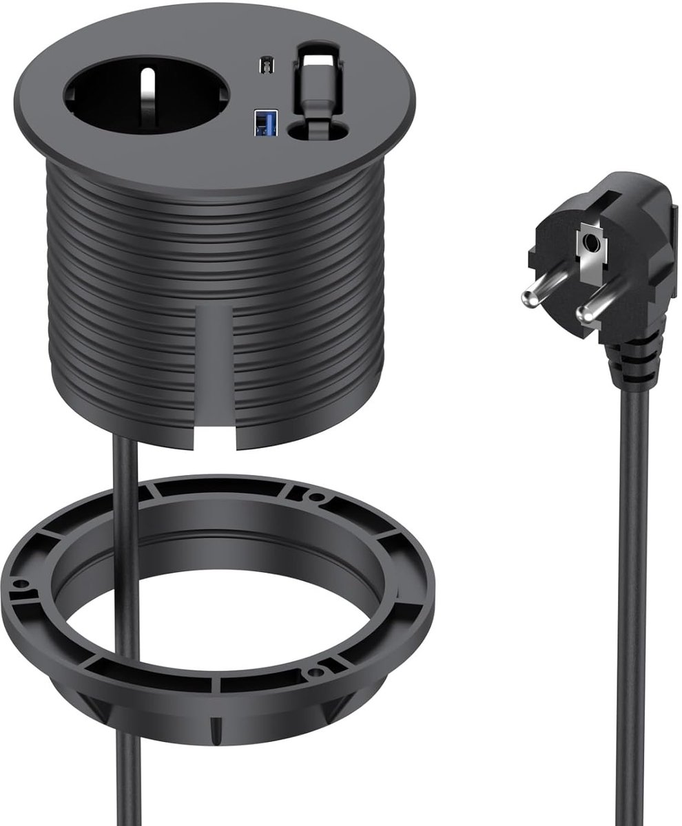 Inbouwstekker met USB-retractiekabel - 80 mm - 1 UK stopcontact - Ideaal voor werkblad of keuken - ShopVlot