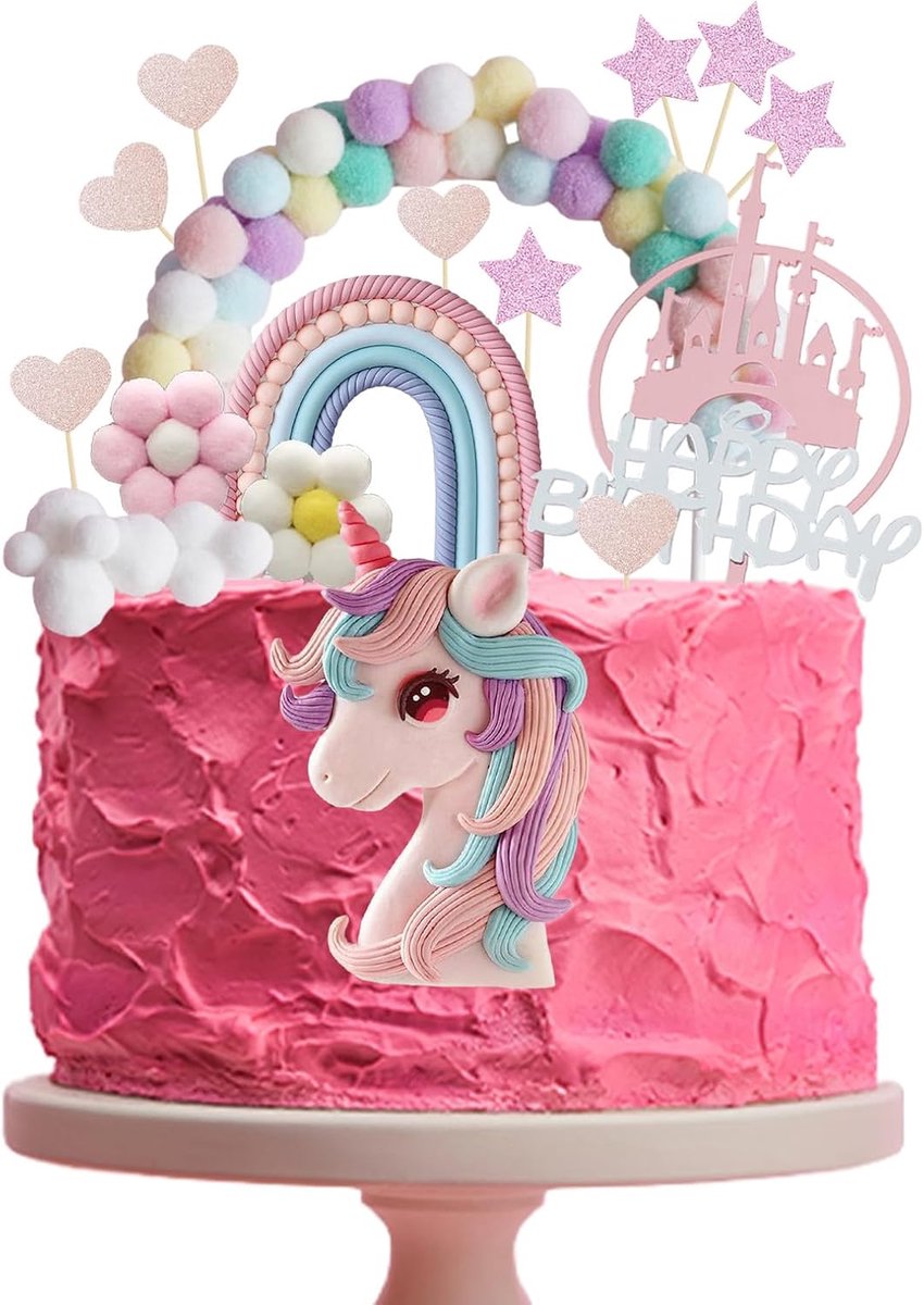 Taartdecoratie eenhoorn 17-delige set - kleurrijke regenboog en bloemen - voor cupcakes en verjaardagsfeestje - ShopVlot