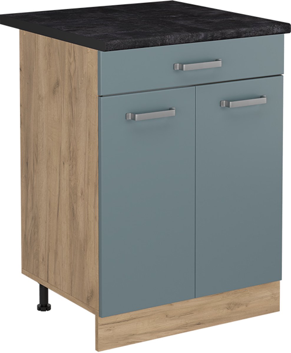 Vicco Keukenonderkast R-Line, Blauw-grijs/Goudkleurig Eiken, 60 cm met lade antraciet werkblad