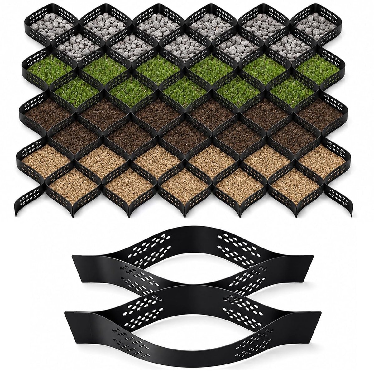 10 x 3 m, gazonrooster voor bodemstabilisatie van HDPE, hoogte 5 cm gazonhoningraat, grindbodemrooster, erosiebescherming en gazonhoningraat voor tuin/oprit, zwart