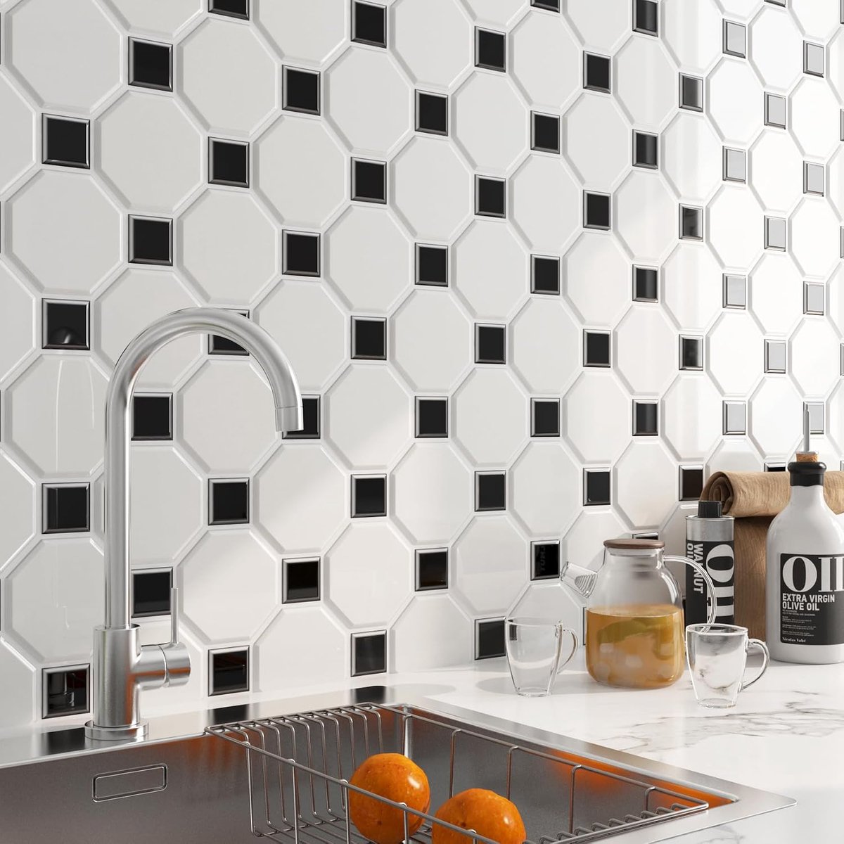 30CMx30CM Witte zelfklevende tegels Keukenmuur Waterdichte vinyltegels Zelfklevend Wit Zelfklevende folie Tegeloptiek Keuken Badkamer Zwart Vierkant Zeshoek 15 stuks Tegelstickers Muur