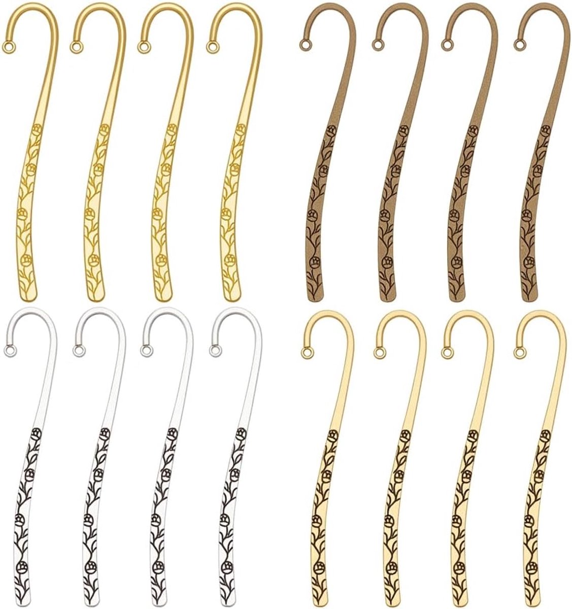 1 Doos 20Pcs 4 Stijlen Metalen Kraal Bladwijzer Tibetaanse Bladwijzers Bulk Legering Bloemen Gesneden Goud Zilver Brons met Loop Haarspeld Kralen Charms Vintage Boek Maker voor Lezen Diy