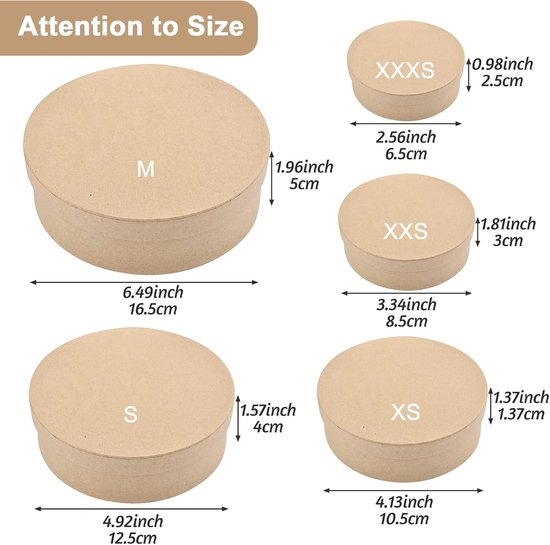 Paper Mache Box, set van 5 ronde mini kraftpapieren dozen met deksels ideaal voor knutselen en opbergen van accessoires, cosmetica, sieraden, cadeaus, huishoudelijke artikelen — afbeelding 5