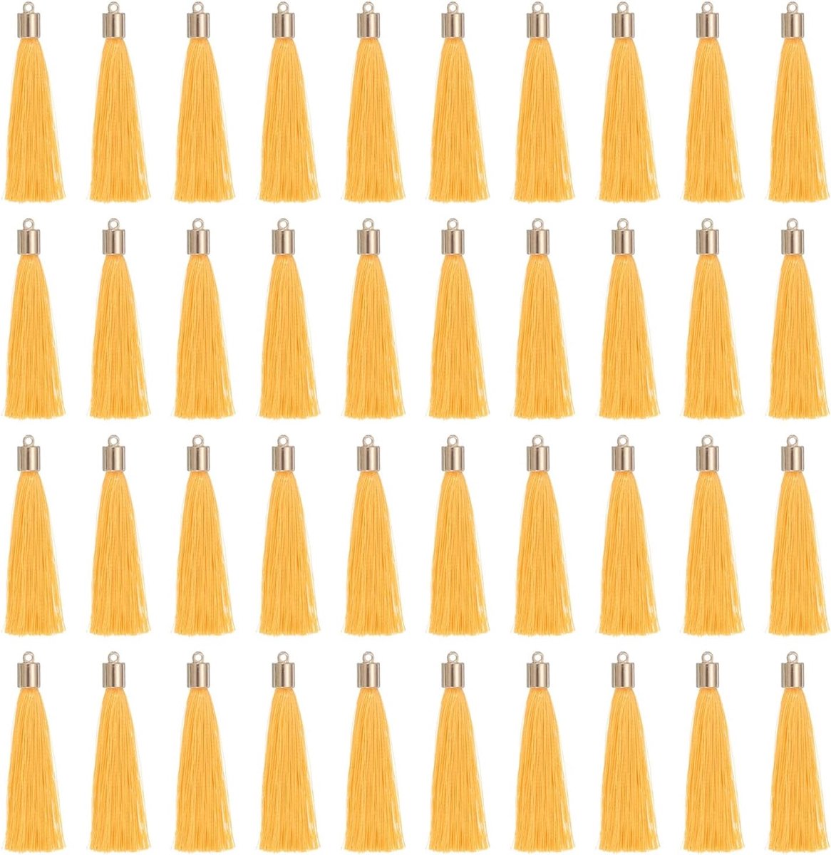 100 stuks bladwijzer-kwasten met gouden kap, 61 cm, polyester zijden kwasten, handgemaakte zachte kwastjes met lus, voor sleutelhanger, sieraden maken, geel