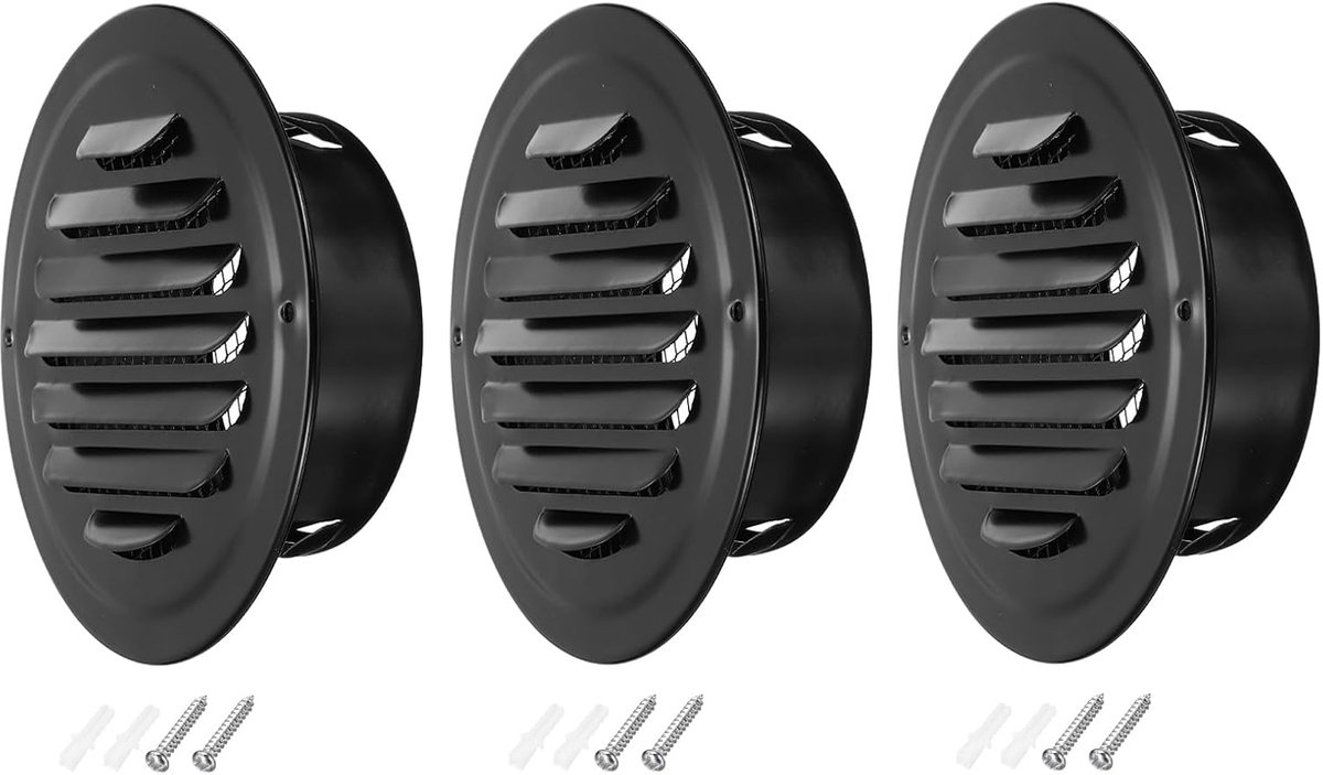 10 cm ronde soffit ventilatie, 3 stuks roestvrij stalen muur ventilatierooster cover buitenkant uitlaat louvered vent met ingebouwde mesh voor keuken badkamer garage, zwart