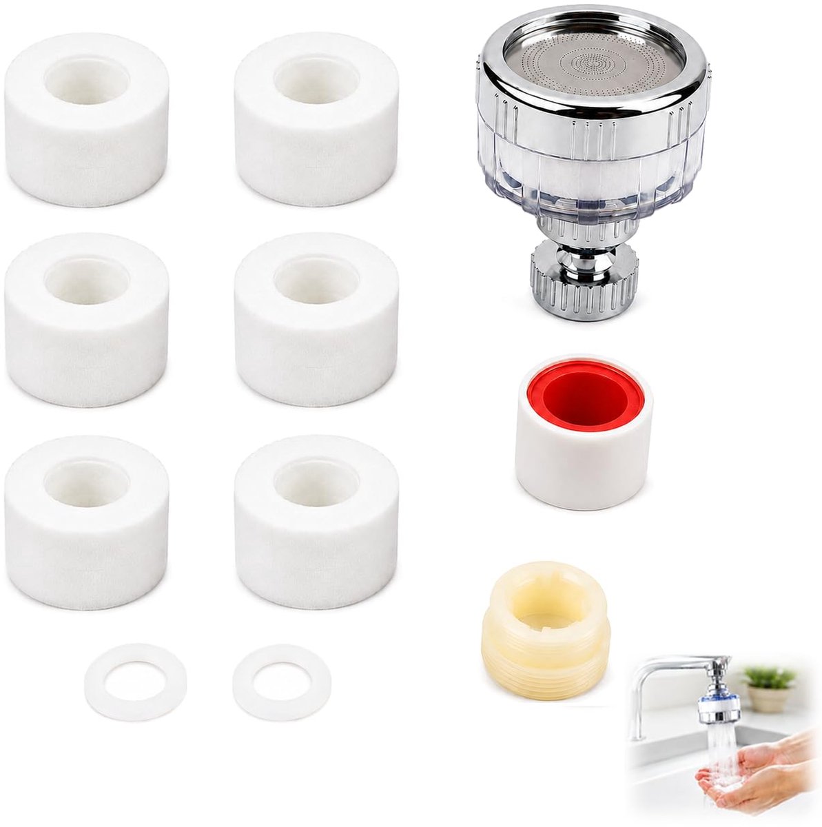 Waterfilter voor kraan, universeel, met 6 patronen van PP-katoen, sproeikop, 360 graden draaibaar, antikalkfilter, kraan, compatibel met kranen met adapter, voor keuken