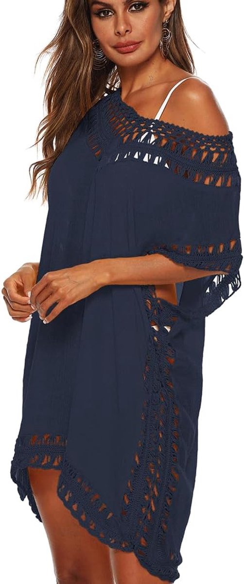 Strandjurk voor dames, bikini-cover-up, zomer, strandblouse, strandhemd, V-hals, sexy jurk van transparante netstof met hoge opening, lang voor bikini, netbovenstuk, strandkleding