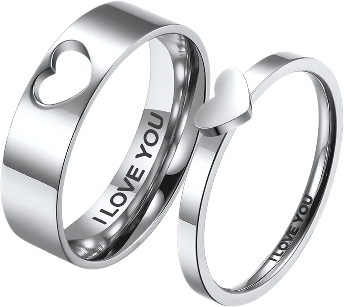 Ringen, personaliseerbaar, van titanium staal, voor dames, heren, zilver, eenvoudige hartsnit, cadeau voor huwelijksvoorstel, verloving en Valentijnsdag, gegraveerd
