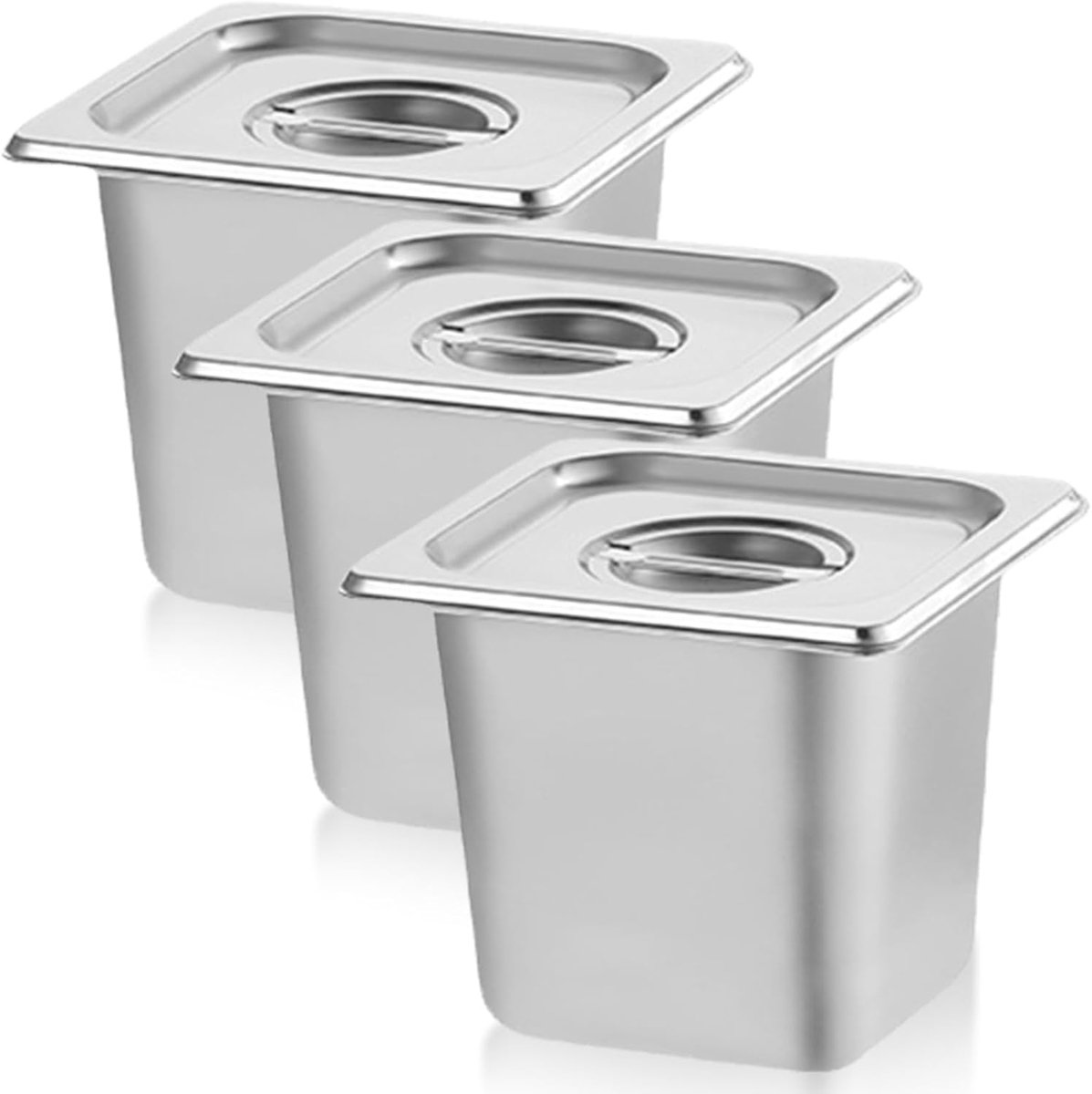 3 stuks containers, 1/6 roestvrij staal met deksel, 17,6 x 16,2 x 10 cm diepe pannen, hotelpannen, 100 mm hoog, warmhoudcontainer, eten, stapelbare vershoudcontainer, hittebestendige