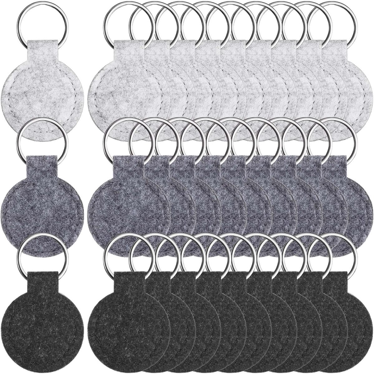 30 stuks sleutelhangers van vilt, ronde sleutelhangers voor het maken van leegjes, van roestvrij staal, bevat drie kleuren, voor portemonnee, doe-het-zelf, autosleutels, decoratie, tas,