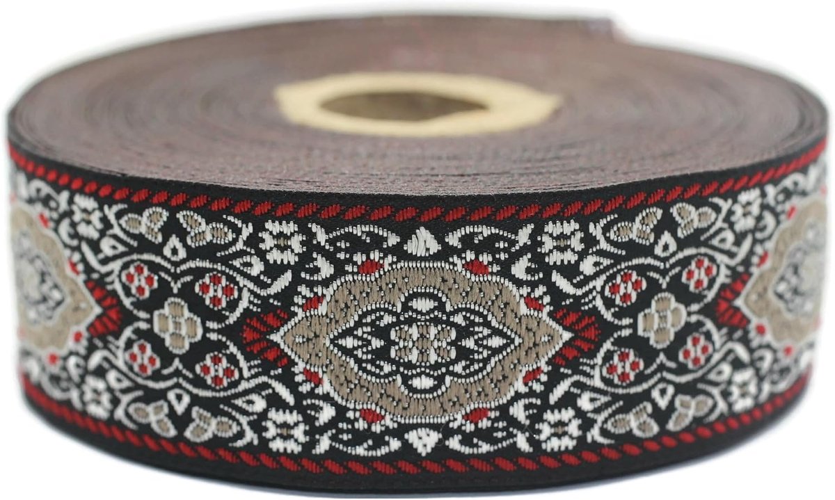 Jacquard-lint, geweven, rood en beige, keizerlijke rand, 10 m x 35 mm, rol borduurlint voor naaien, decoratie 35589-V4