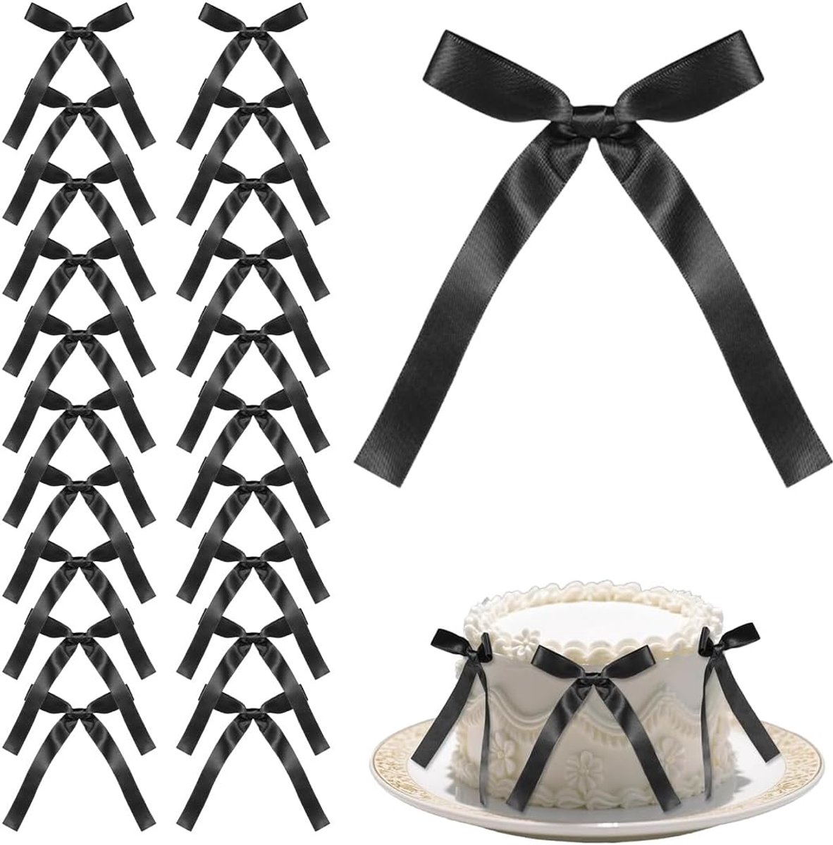 20 zwarte taartstrikken, kleine taartdecoratie, taartopzetstukken voor bruiloft, bruid, babyshower, verjaardag (zwart)