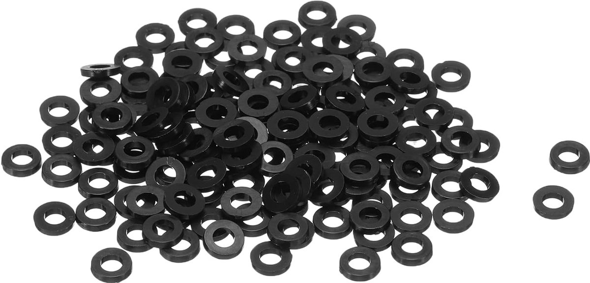 Platte sluitringen, kabeldoorvoeren van nylon, M3, 3 mm, diameter 6 mm, dikte 1,2 mm, gladde sluitring, kunststof, voor kunststof plaatafdichtingen, afdichtring, zwart, 120 stuks