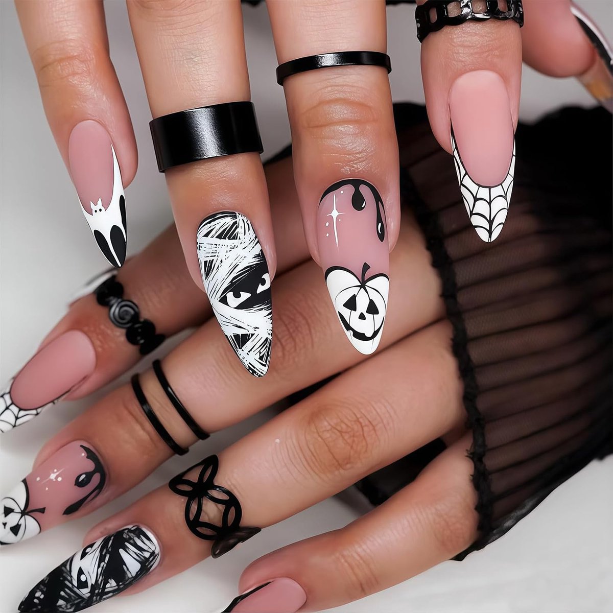 Nepnagels Halloween 24 Stuks - Lange Stiletto - Wit Zwart Spook & Pompoen Design - Perfect voor Feestdagen - ShopVlot