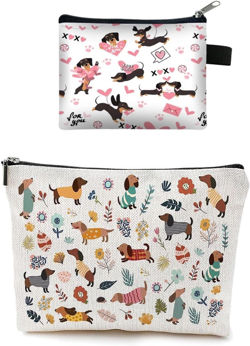 Cosmeticabed - 25x17x6 cm - Linnen - Inclusief mini dachshund portemonnee - Ideaal voor reisbenodigdheden - ShopVlot