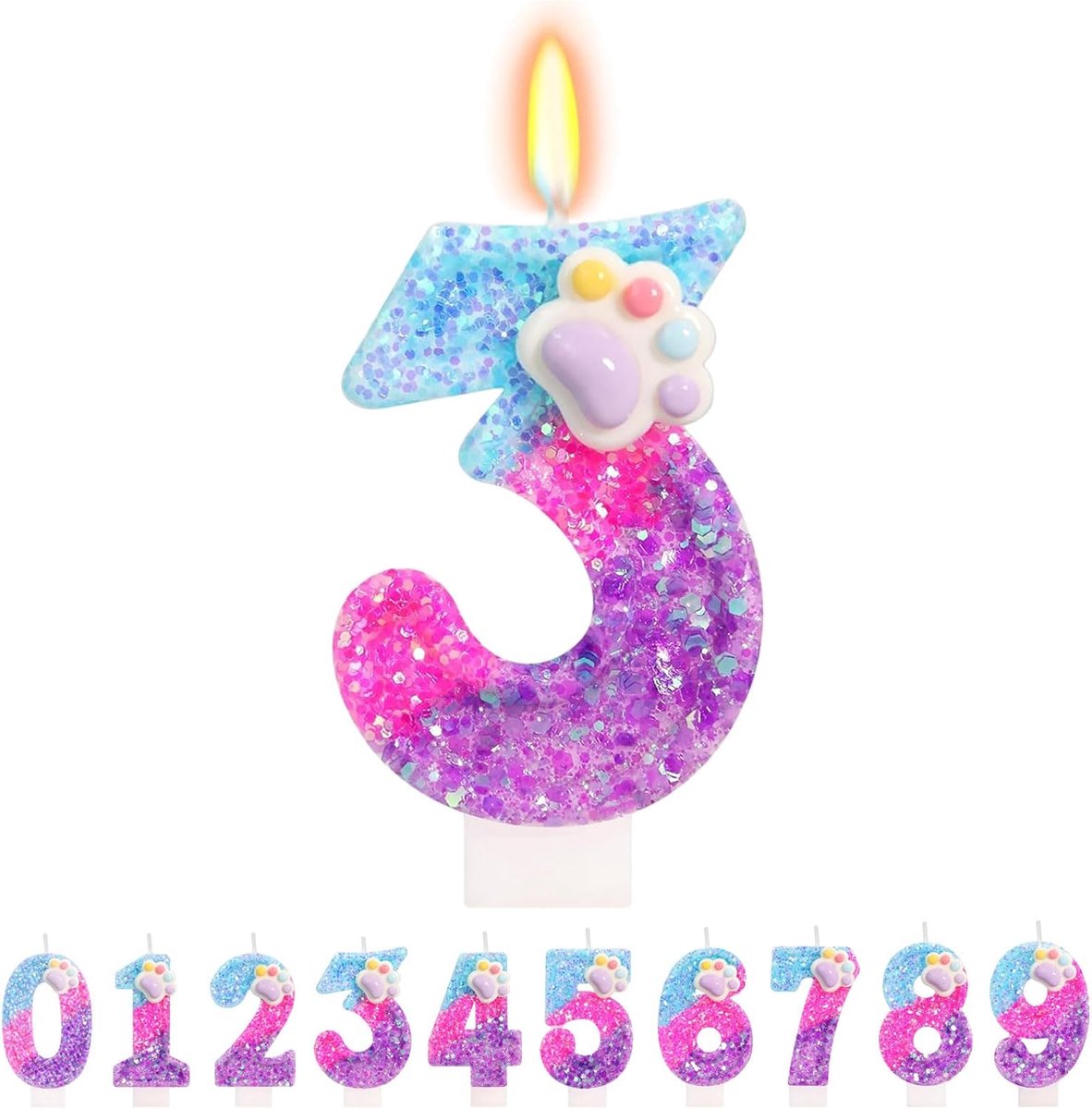 Jarencandles met nummer 3 - Schattige honden- en kattenpootjes - Glitter ontwerp - Perfect voor kinderfeestjes - ShopVlot
