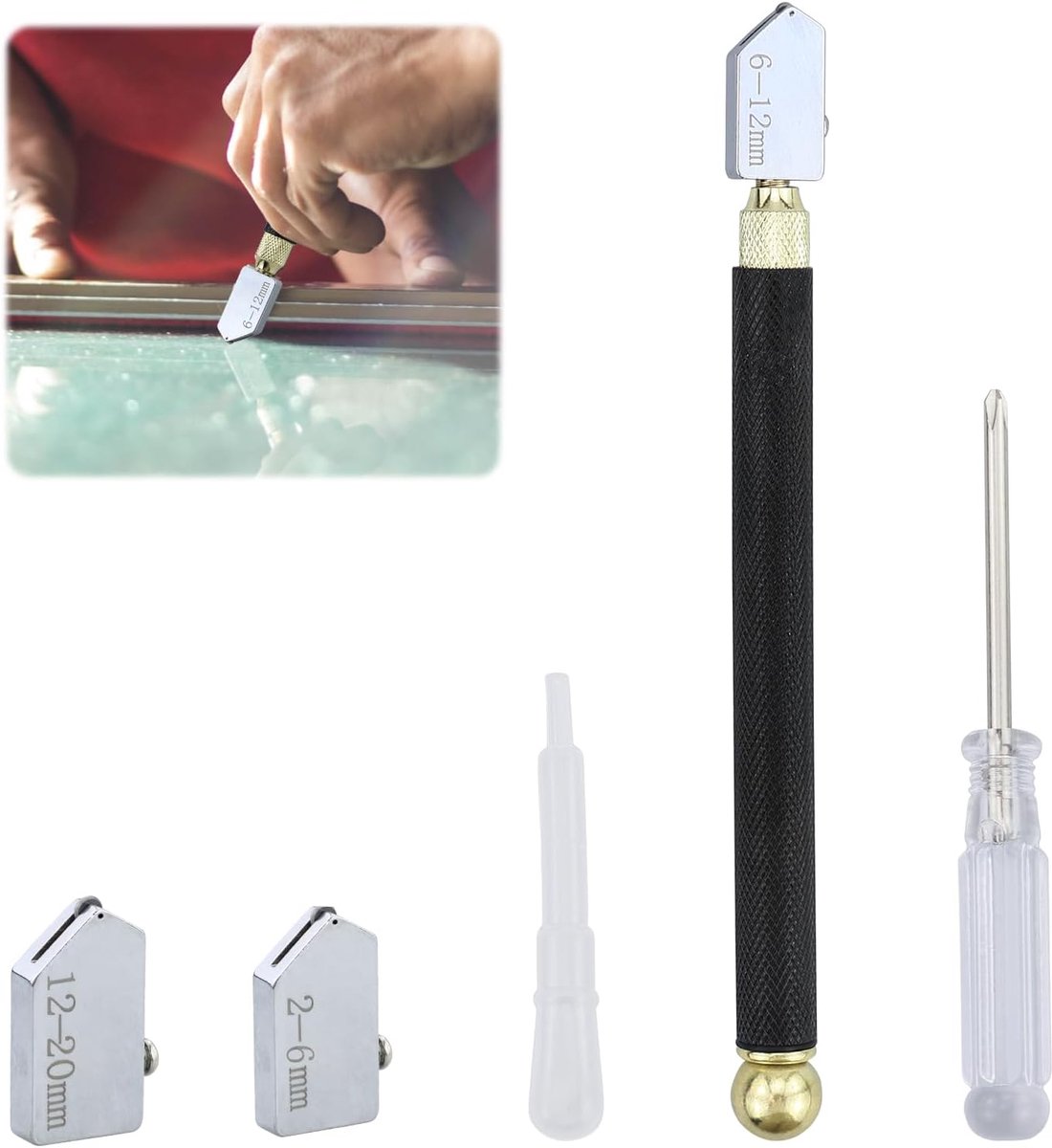 Glas Snijder 2-20 mm - met 3 Hardmetaal Snijkoppen - Ideaal voor Glas, Tegels en Spiegels - ShopVlot